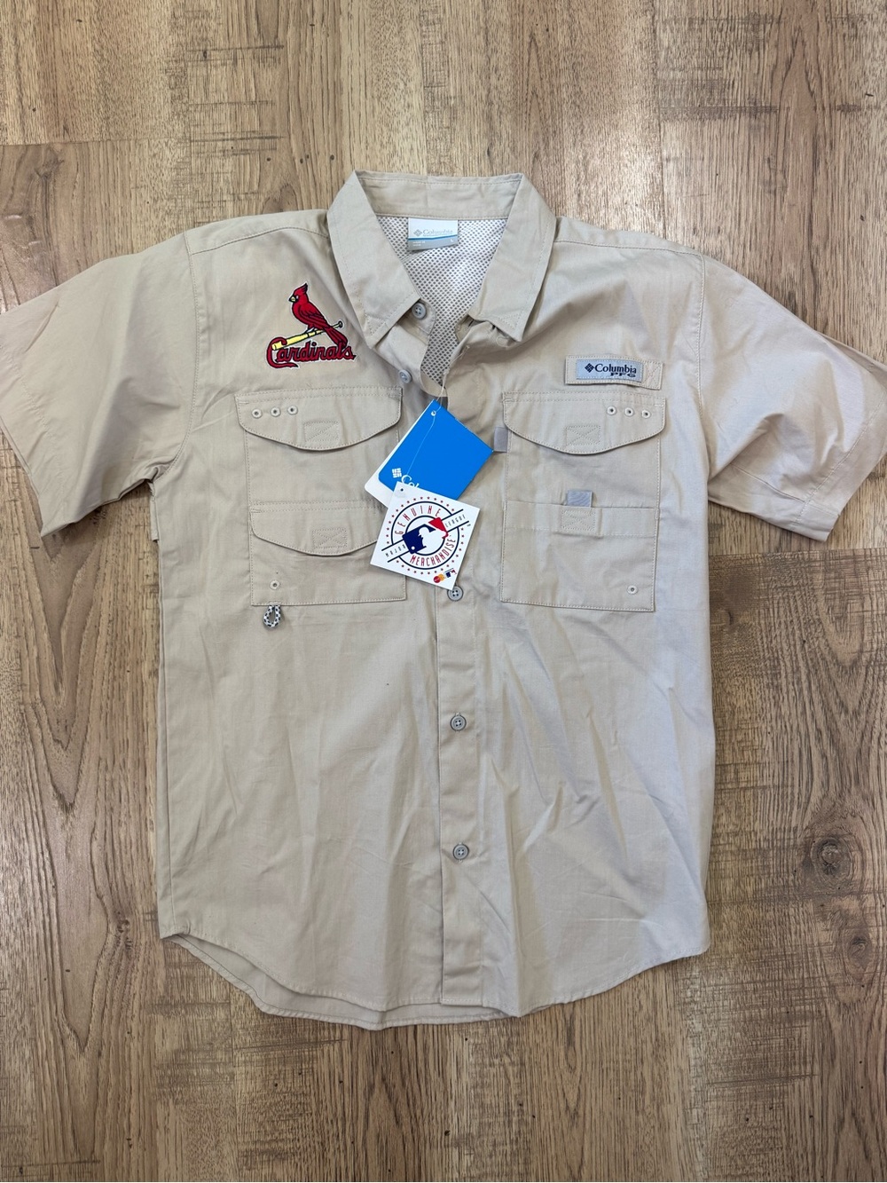 Columbia Youth Khaki Short-Sleeve Button-Down Shirt with Cardinals Patch